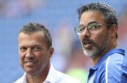Schalke-Trainer David Wagner (vorne) spricht mit Lothar Matthäus. Der Sky-Experte kritisiert die Torhüter-Leistung der Königsblauen.