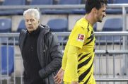 Kritischer Blick von BVB-Trainer Lucien Favre auf den Gang des verletzten Mats Hummels.