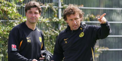 Schwören auf das Derby ein: BVB-Sportdirektor Michael Zorc und Trainer Thomas Doll. (Foto: firo)