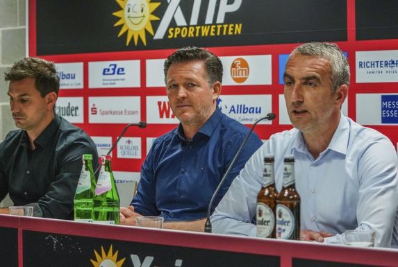 Ein Bild aus vergangenen Tagen: Von links: Essens Sportchef Jörn Nowak, Ex-Trainer Christian Titz und Vorstand Marcus Uhlig.