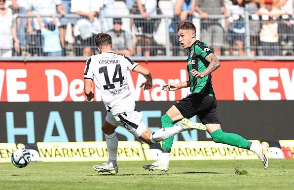 Max Geschwill, hier im Laufduell gegen Münsters Joel Grodowski, wird ab dem 1. Juli in der Bundesliga spielen.